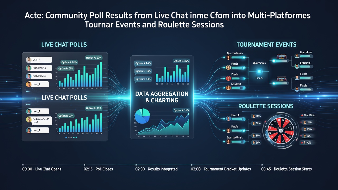 Live chat interface displaying community poll results overlaid on a split-screen view of an esports tournament and roulette wheel