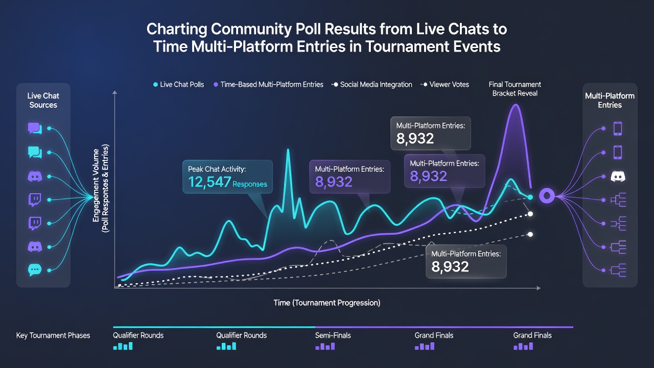 Data visualization dashboard showing poll result charts synchronized with esports bracket timelines and roulette spin intervals