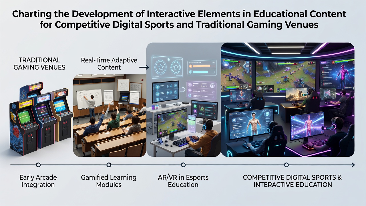 Timeline graphic showing progression of interactive educational tools from early simulations to modern AR interfaces in esports and casino training