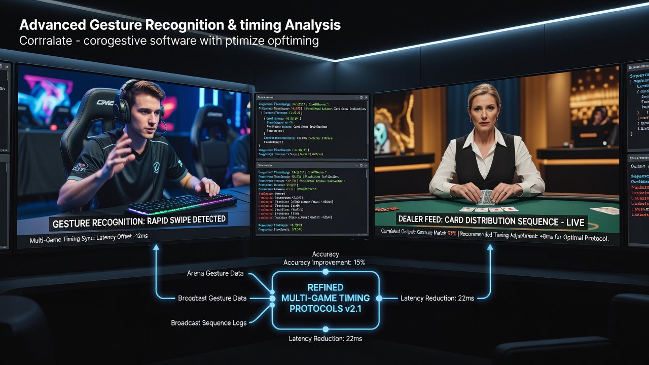 Gesture recognition software analyzing player movements in a competitive esports arena alongside live dealer card handling sequences in a broadcast studio