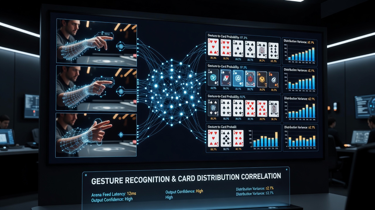 Split-screen view showing synchronized timing between esports gesture data and live dealer card sequences in a multi-game broadcast setup