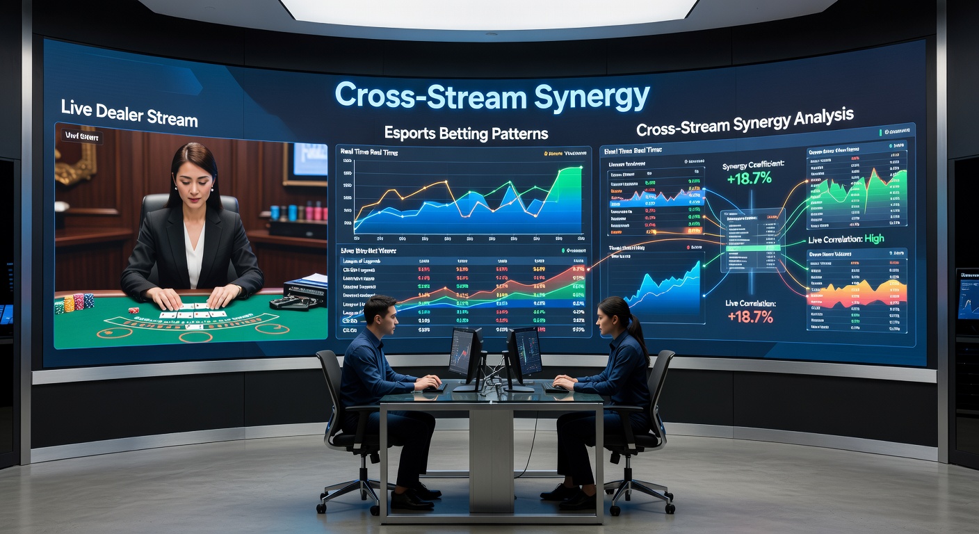 Data visualization dashboard merging esports chat sentiment graphs with live dealer game outcome timelines, highlighting correlation peaks during high-engagement periods