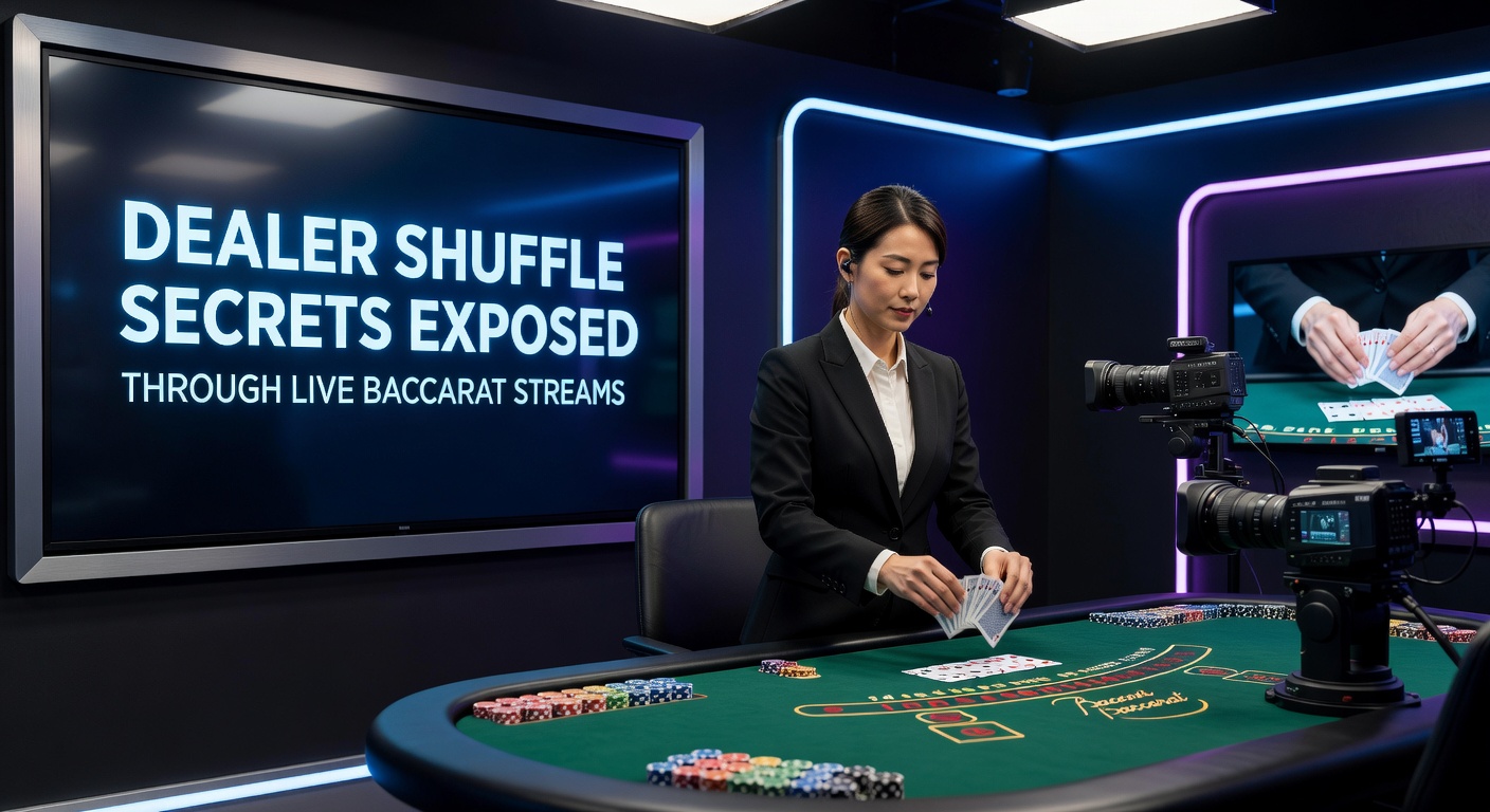 Close-up view of a live baccarat dealer performing a card shuffle under bright casino lights, with high-definition stream overlay visible
