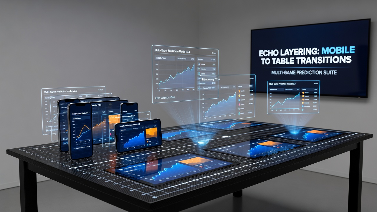 Split view of an esports mobile overlay transitioning to a physical casino table with echo layering indicators highlighted