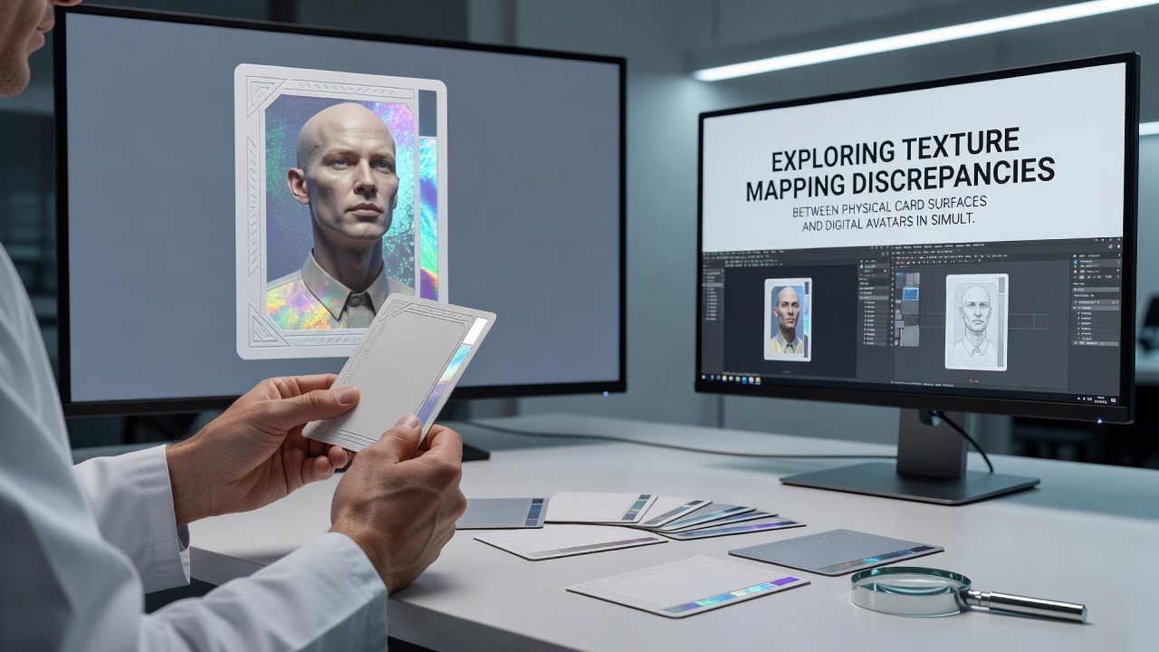 Split-screen view demonstrating texture mapping alignment between a physical card and its digital avatar during a live multi-feed broadcast