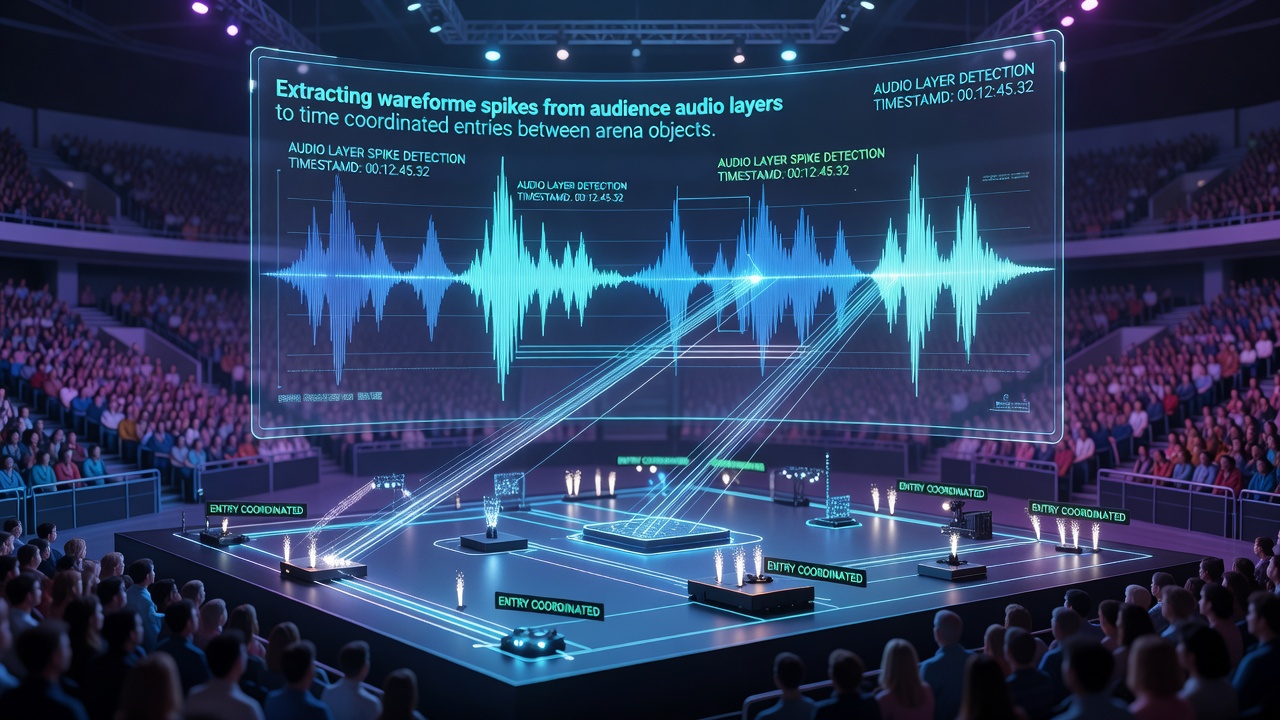 Split-screen view of audience waveform analysis guiding timing between an esports arena objective and a live dealer card reveal