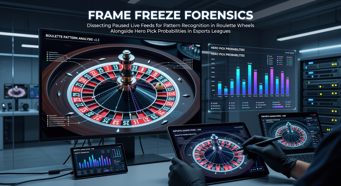 Technicians examining paused frames from a roulette wheel stream with overlaid pattern markers and data grids
