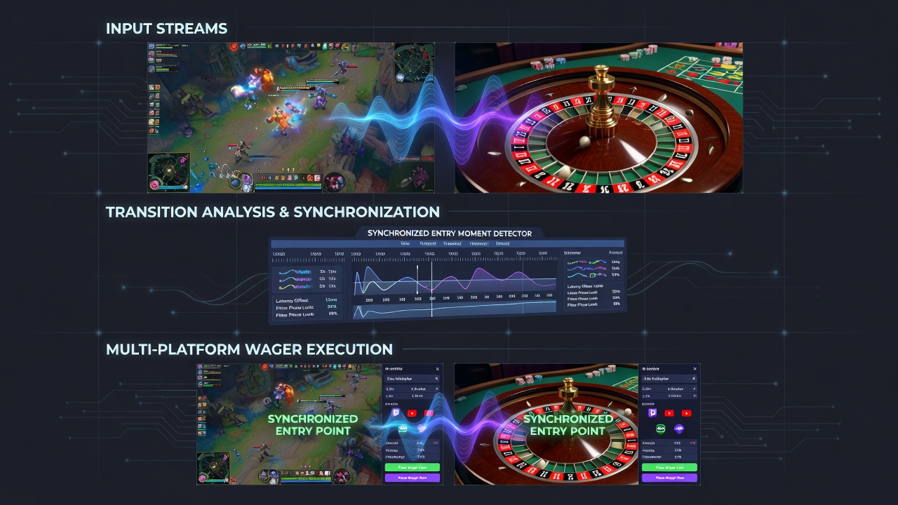 Split-screen view showing esports gameplay alongside a roulette wheel with visual filter overlays highlighting transition points