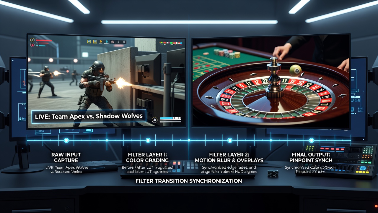 Close-up of synchronized visual filters applied to split-screen footage of an esports arena and roulette table