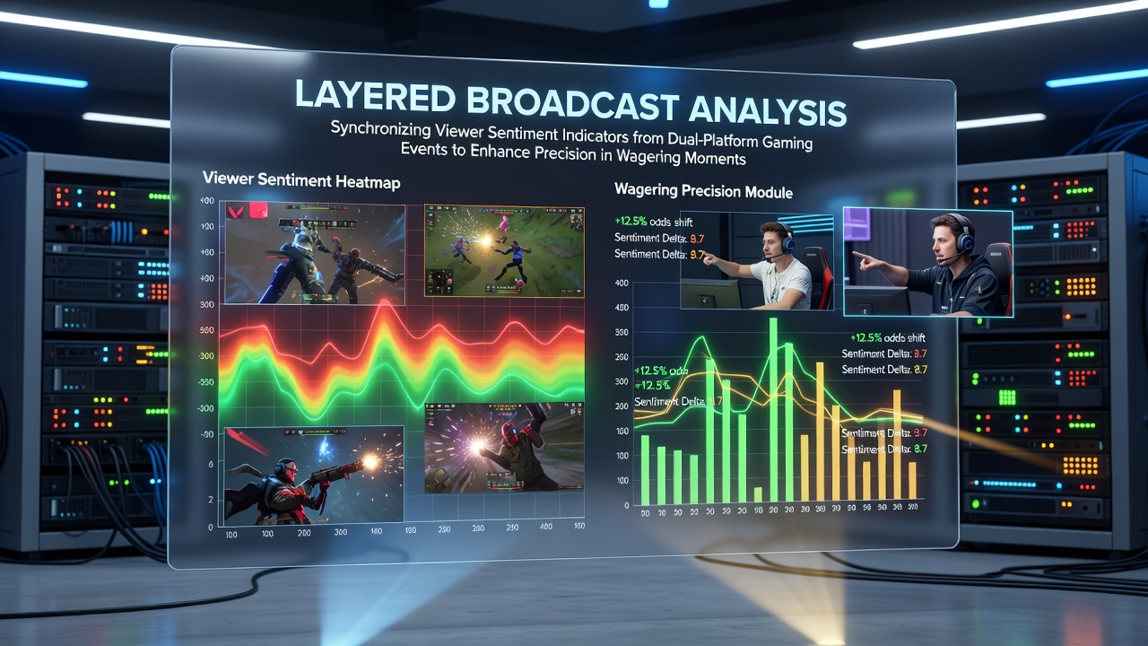 Dual-platform broadcast setup showing synchronized esports arena feeds alongside live dealer tables with overlaid sentiment metrics