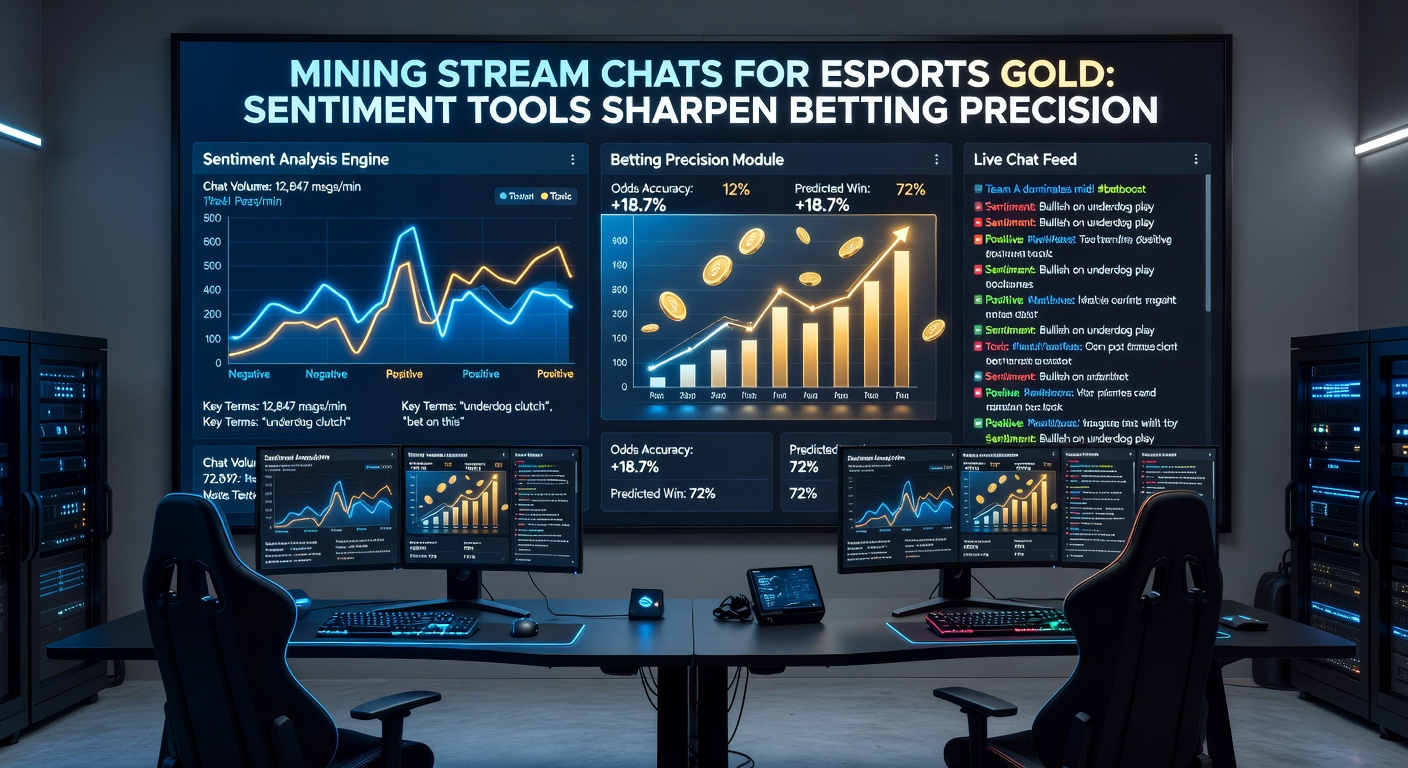 Dashboard screenshot of a sentiment analysis tool displaying real-time esports chat metrics, with graphs showing positivity trends, word clouds of fan reactions, and overlaid betting odds fluctuations