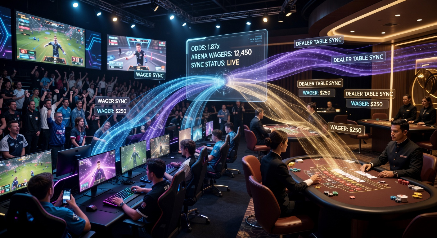 Detailed view of hue shift overlays coordinating bets between arena gameplay and dealer table reveals