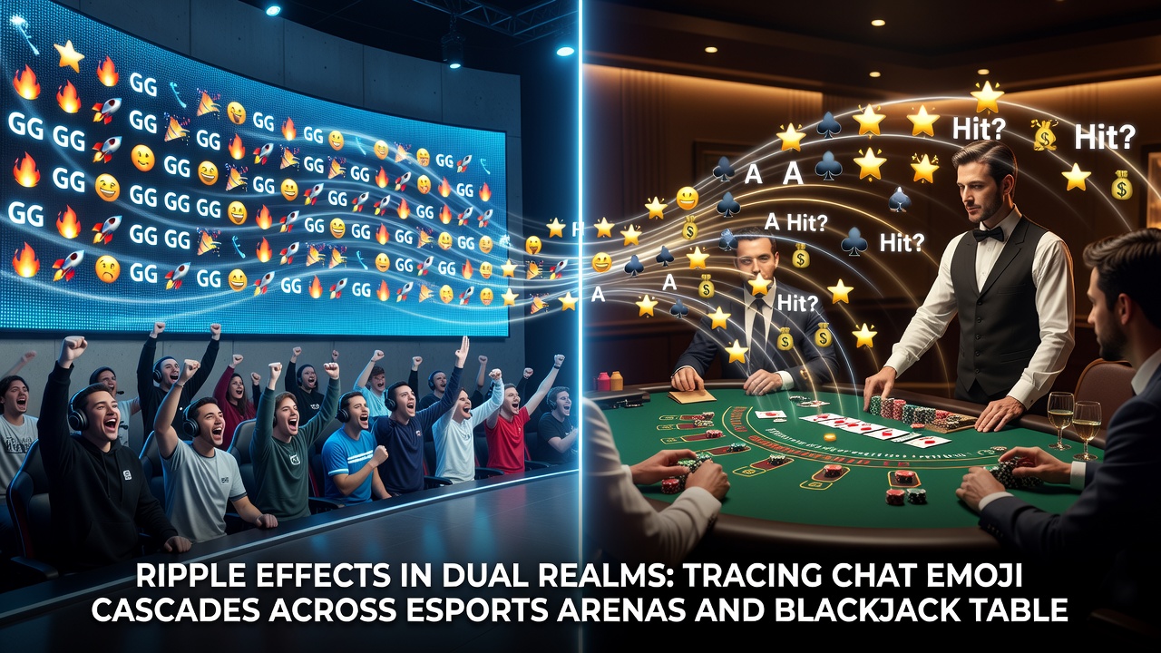 Detailed view of emoji cascade propagation between esports objective moments and blackjack card reveals in dual broadcast feeds