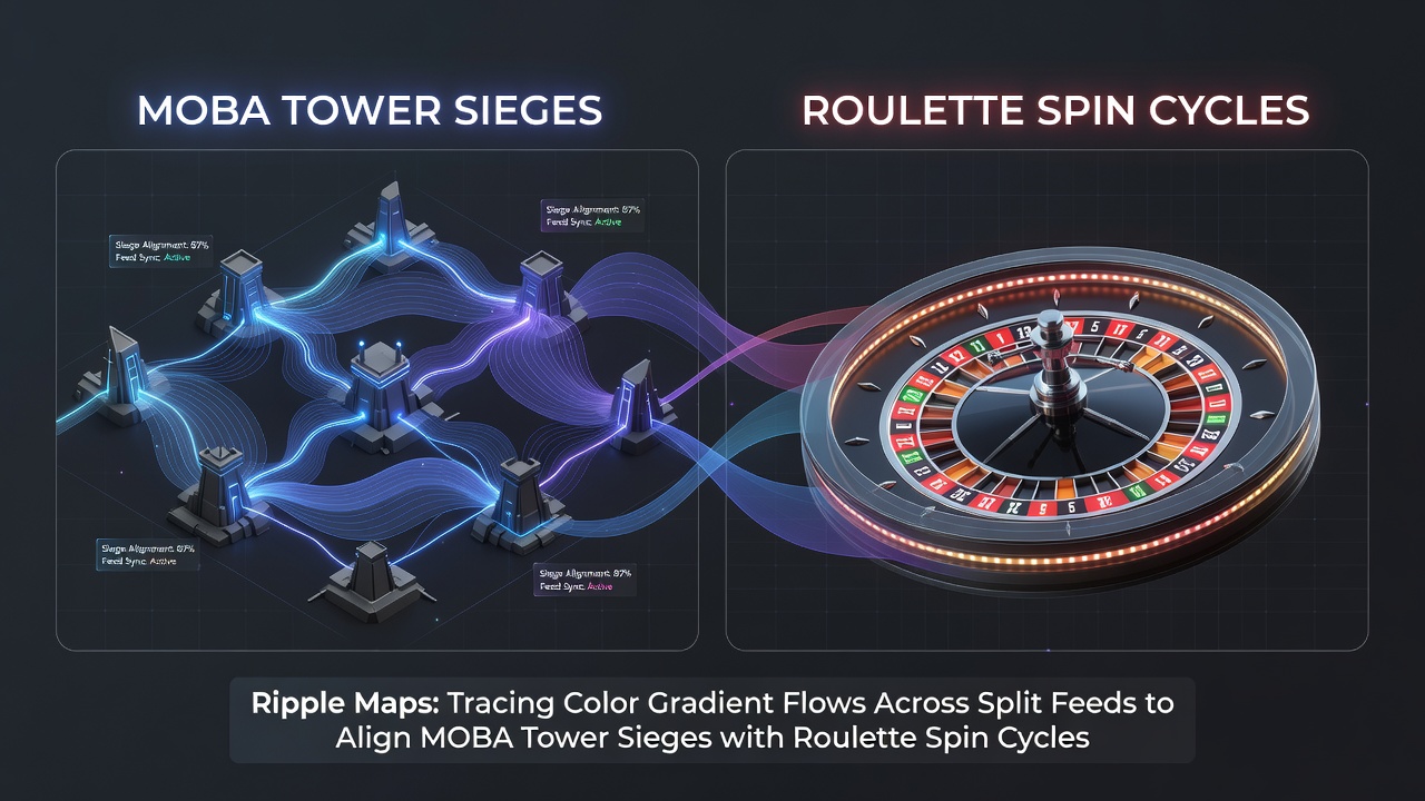 Split screen broadcast showing color gradient overlays on MOBA gameplay and roulette wheel feed