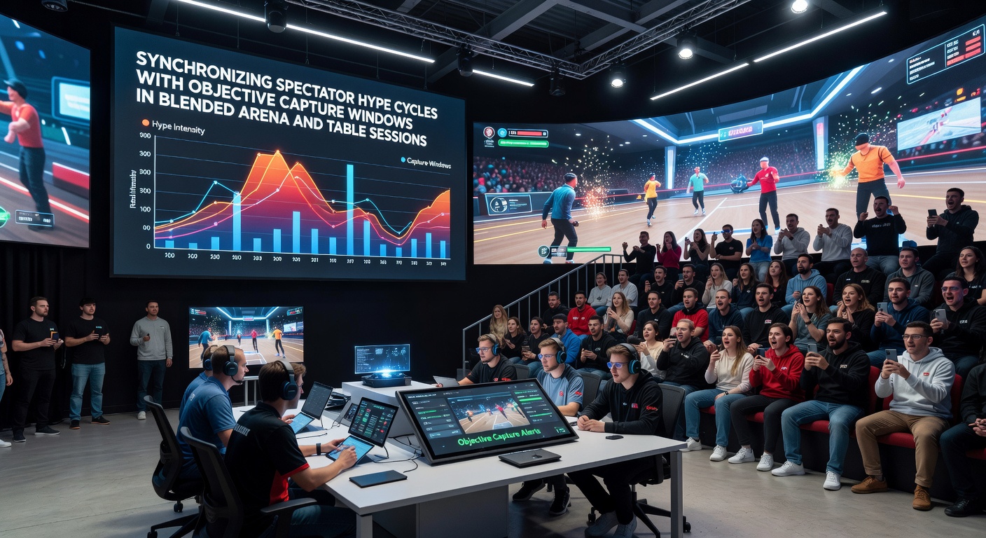 Split-screen broadcast showing arena objective capture alongside table reveal timing in a hybrid session