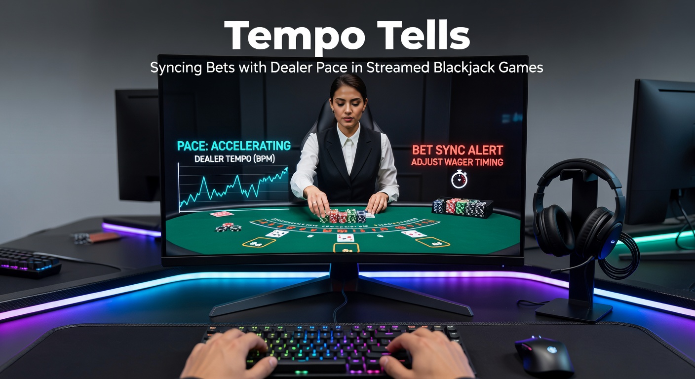 A live dealer in a streamed blackjack game dealing cards at a measured pace, with chat overlay showing player bets syncing to the rhythm