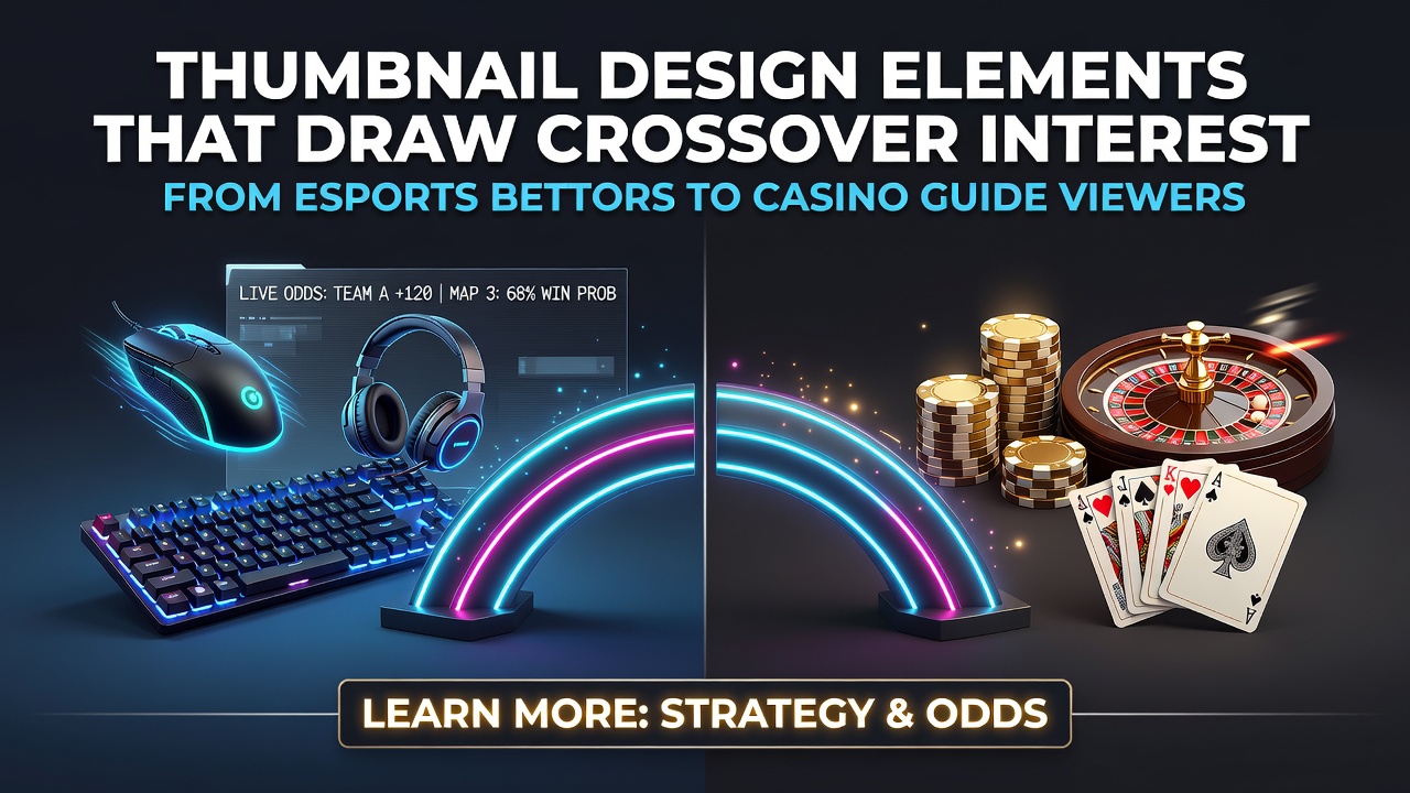 Close-up of thumbnail layouts showing icon overlays, color gradients, and motion lines connecting esports and casino visuals