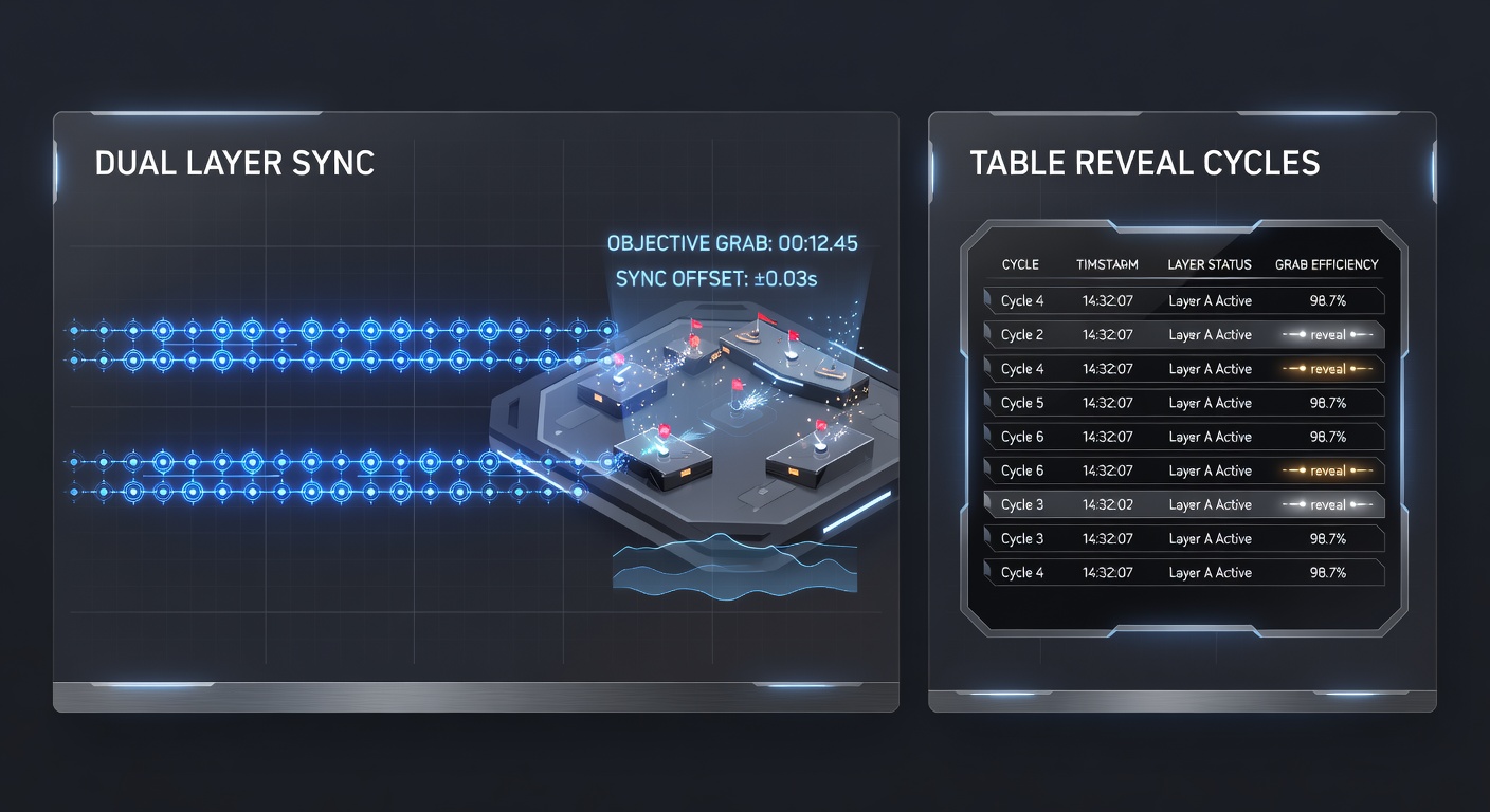 Dual broadcast layers showing icon animations overlaid on arena gameplay and table reveal sequences